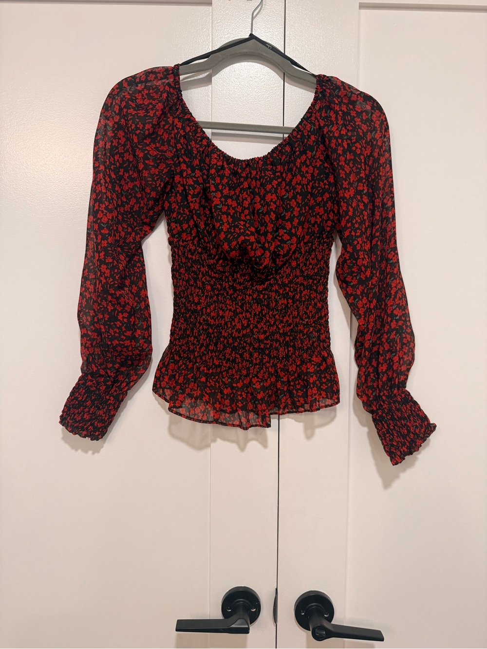 Lulu's Black & Red Floral Smocked Waist Long-Sleeve Blouse